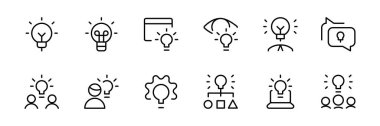 Fikir ikonu, yaratıcı fikir, beyin fırtınası, çözüm, düşünme ve yenilik simgeleri. Beyin sembolü çizimi olan ampul. Katı simge ağ, logo, UI / UX için kullanılabilir
