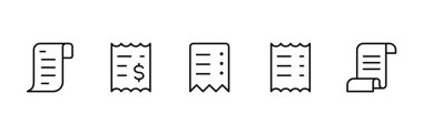 Makbuz, fatura ikon hattı, doğrusal, taslak, grafik, illüstrasyon. Uygulamalar, ui ve web siteleri için düz vektör simgesi.