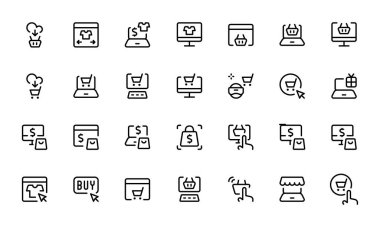 E-ticaret simgesi seti. Çevrimiçi alışveriş ve dağıtım elemanları. E-iş sembolü. Sağlam koleksiyon. Uygulamalar, ui ve web siteleri için düz vektör simgesi.