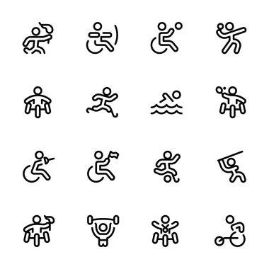 Olimpiyat spor simgeleri, Düzenlenebilir Vuruş ile vektör kümesi tasarımı. Satır, Katı, Düz Çizgi, ince stil ve Web Sayfası, Mobil Uygulama, UX tasarımı için elverişli.