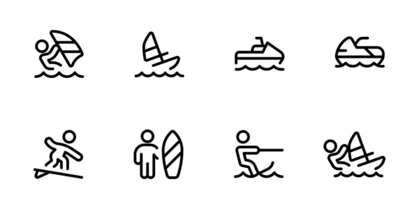 Surfing icon, nautical sports vector set design with Editable Stroke. Line, Solid, Flat Line, thin style and Suitable for Web Page, Mobile App, UI, UX design.