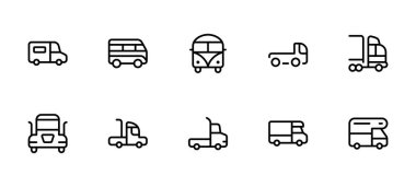 Kamyon ikonu. Kargo kamyonu ve minibüs, vektör çizimi. Doğrusal Düzenlenebilir Vuruş. Satır, Katı, Düz Çizgi, ince stil ve Web Sayfası, Mobil Uygulama, UX tasarımı için elverişli.
