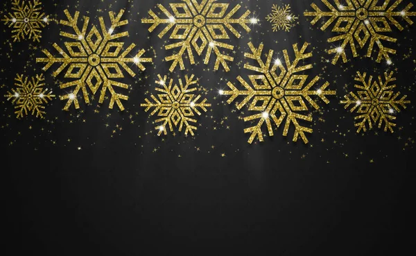 Счастливого Рождества Счастливого Нового Года Золотой Блеск Снежинки Черный Фон — стоковое фото