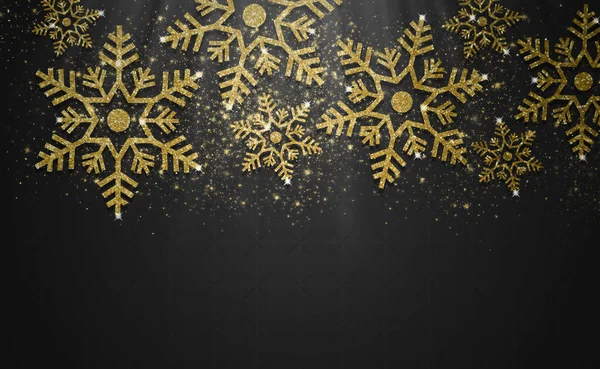 Счастливого Рождества Счастливого Нового Года Золотой Блеск Снежинки Черный Фон — стоковое фото