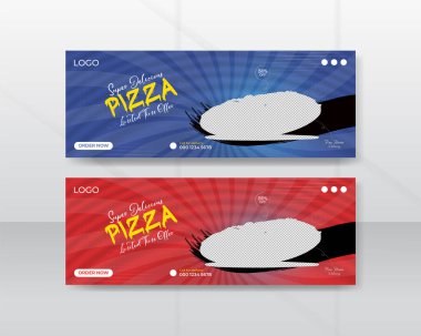 Lezzetli Pizza yemek tanıtımı web pankartı tasarımı, sağlıklı pizza çevrimiçi indirimi sosyal medya pazarlama kapağı.