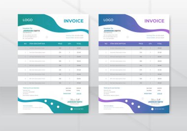 2 farklı temada Yazdırılabilir Fatura Şablonu. Vektör İş Kırtasiyesi Tasarımı.