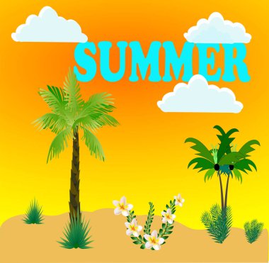 Yaz tropikal plaj arka planlarında palmiyeler, gökyüzü gün doğumu ve günbatımı. Plaket poster davetiyesi davetiyesi kartı..