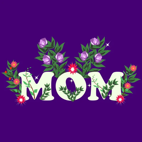 Glückliche Muttertagsgrüße Design Lettering Mom Mit Pflanzen Und Blumen Rahmen — Stockvektor