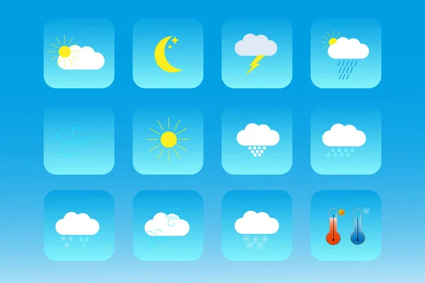 天気アイコン天気アイコンパック カラフルな天気予報デザイン要素は モバイルアプリやウィジェットに最適です 温度のアイコンが含まれています — ストックベクタ
