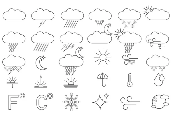 Kolekce Meteorologických Ikon Nebo Symbolů Pro Předpověď Počasí Slunce Mraky — Stockový vektor