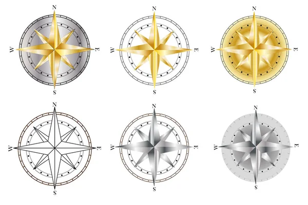 Set Ikon Kompas Kompas Tanda Mawar Simbol Windrose Ikon Mawar - Stok Vektor