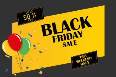 Kara Cuma indirimi. Konfeti ve balon dizaynlı parlak bir pankart. Üzerinde siyah bir yazı olan sarı bir arkaplan.