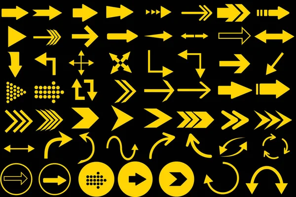 Ikony Šipek Nastaveny Žluté Šipky Izolované Černém Pozadí Vektorové Ilustrace — Stockový vektor