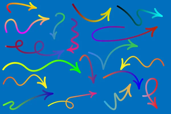 箭头图标设置 带有渐变的彩色箭头符号 箭头被隔离在蓝色的背景上 箭头的颜色和形状各不相同 — 图库矢量图片