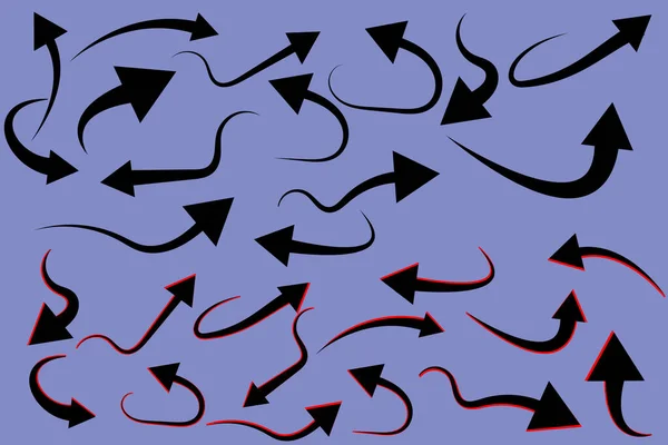 曲线箭头图标的矢量图解 可变矢量设计 一组手绘黑色和红色箭头的集合 在紫丁香背景上隔离的一组箭头 — 图库矢量图片
