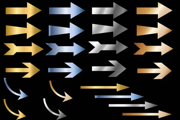 アローズ 黄金の矢のセット さまざまな金色の矢印アイコン ウェブデザイン モバイルアプリ インターフェイス デジタルイラストのためのベクターイラストコレクション ブラックバックのゴールデンフラットサインコレクション — ストックベクタ