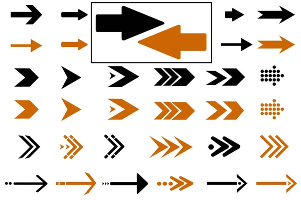 箭头图标设置 彩色箭头符号 在白色背景上的黑色和橙色箭头 一组扁平矢量箭 孤立的箭头符号 — 图库矢量图片
