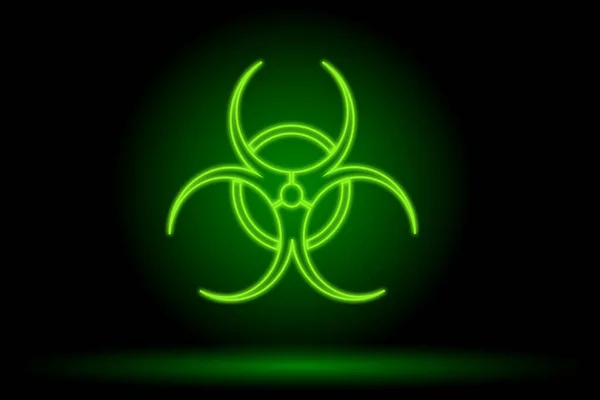 Biyolojik tehlike. Siyah arkaplanda parlayan neon biyolojik tehlike işareti var. Tehlike uyarısı, uyarı, biyolojik tehlike uyarısı. Vektör illüstrasyonu.