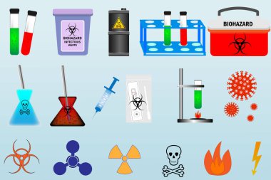 Biyolojik tehlike seti. Beyaz arka planda izole edilmiş düz stil vektör medikal laboratuvar ürünleri. Araştırma için bilimsel aletler. Biyolojik tehlike atık simgeleri. 