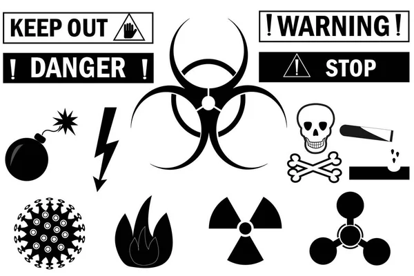 Zestaw Ikon Sygnałów Ostrzegawczych Niebezpieczeństwie Elementy Różnego Rodzaju Zagrożeń Zagrożeń — Wektor stockowy