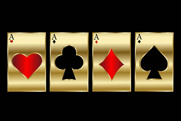 Kartlar. Kağıt oynamak için dört altın as. Altın kalp, maça, elmas, kulüp kartı işareti. Kumarhane, kumar konsepti. Kumarhane şablonu, web tasarımı. Vektör illüstrasyonu.