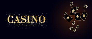 Casino advertising luxury banner design with playing cards and casino chips on a black stylish background with glitter and shine. Casino concept. clipart