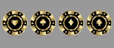 Altın değerinde kumarhane fişleri. Kumarhaneler için kaliteli altın çipler. Gri arkaplanda vektör çizimi izole edildi. Kumarhane kavramı.