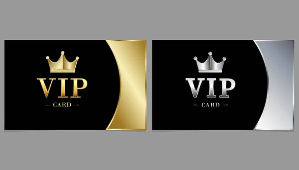 VIP. Altın ve Platin VIP Kart Şablonu - Siyah Arkaplanda Taç Tasarımı. VIP üyelerinin hediye kartı şablonu için lüks tasarım. İş için modern tarz. Vektör illüstrasyonu.