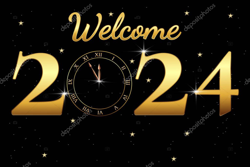 New Year 2024 concept. Magic background with clock and 