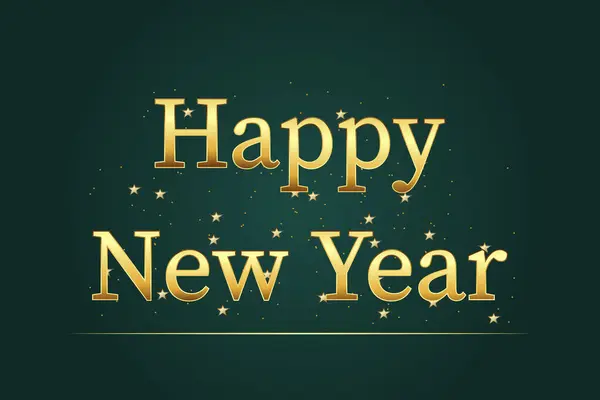 Yeşil arka planda yazılar ve parıltılarla dolu mutlu yıllar tebrik kartı. Yeni yıl partisine davet için lüks kart. Vektör illüstrasyon.