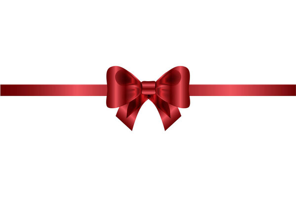 Red chic bow with horizontal ribbon on white background, decoration for gift boxes, greeting cards. Design element.Vector illustration.