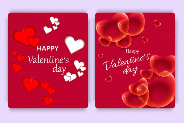 Set Valentine Day Posters Red White Glass Heart Red Background — Stock Vector