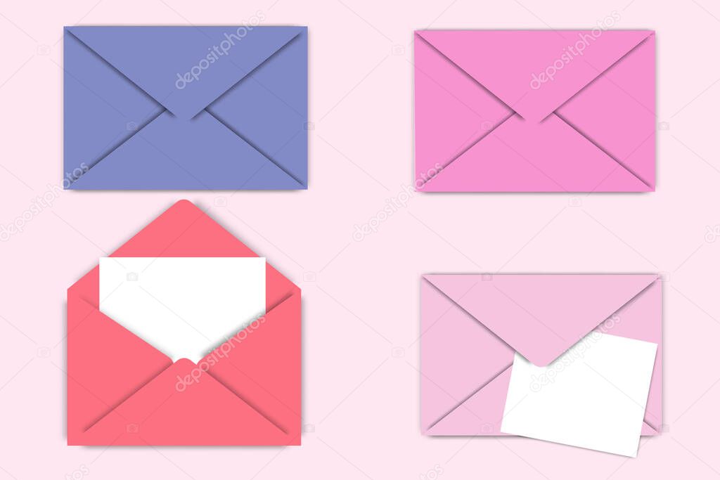 Colorful  envelopes in different positions. Mockup of a closed and open letter with a white paper document inside. Vector illustration.