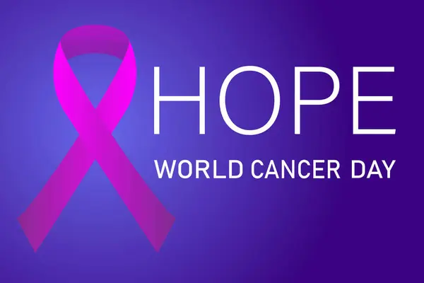 Dünya Kanser Günü afişi. Umut kavramı. Leylak kurdeleli vektör illüstrasyonu.