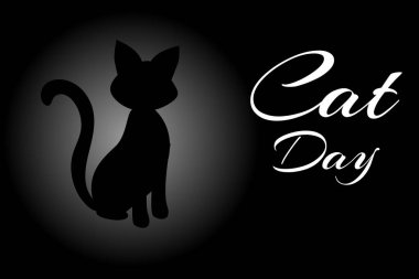 Ulusal Kedi Günü için Kedi. Siyah arkaplanda bir kedi siluetiyle vektör illüstrasyonu.