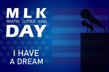 Martin Luther King Günü. Martin Luther King Day 'in ABD bayrağı ve mikrofon arkaplanlı pankartı. Mutlu MLK Günü. Bir hayalim var...