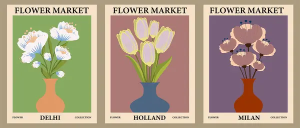 Çiçek pazarı posterleri eski moda. Vazolarda bir buket çiçek. Soyut çiçek çizimi. Kart şablonu, duvar sanatı, afiş, arka plan. Vektör illüstrasyonu.