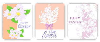 Beyaz narin çiçekli mutlu Paskalya tatili posterleri. Kutlama kartı ya da parti davetiyesi için uluslararası bahar tatili tasarımı. Vektör illüstrasyonu .