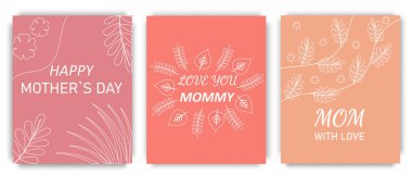Anneler günü için bir kart seti. Moda bir şeftali arka planında el çizimi çiçek ve yaprak unsurları olan çağdaş tasarım. Vektör illüstrasyonu.