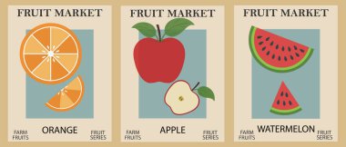 Bir dizi retro meyve pazarı posterleri. Meyveli modern duvar sanatı. Danimarka pastel renklerinde soyut tasarım. Modern iç dekorasyonlar, duvar resimleri.