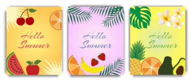 Yazlık meyve vektörü posterleri. Parlak yaz arkaplanında meyve ve tropikal yapraklarla dolu bir yaz metni. Tatil sezonu vektör illüstrasyonu, afiş, broşür, şür.