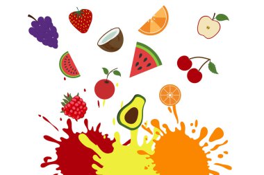 Meyve ve meyve suyu serpilmiş tatlı tropikal meyveler. Karpuz, muz, hindistan cevizi, üzüm, çilek, portakal, avokado, kiraz, ahududu. Vektör gerçekçi kümesi.