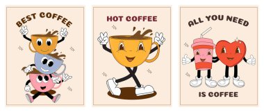 Model tarzında komik karakterli posterler. Kahve maskotlarının klasik vektör çizimi. Latte, kapuçino, kahve fincanı ve kalp maskotu. 60 'lar, 70' ler, 80 'ler.