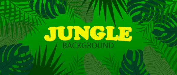 Nefis, parlak egzotik yaprakları olan tropik yaz afişi. Koyu yeşil arka planda bir ormanın vektör çizimi.