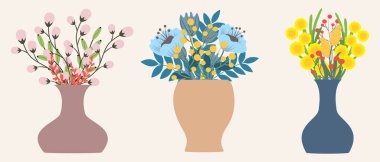 Çiçekli vazolar. Düz bir şekilde çizilmiş renkli vazolarda bir demet çiçek açan bitki. Tebrik kartları, afişler, davetiyeler, posterler için tasarım.