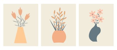 Yatak renklerinde bahar çiçekleri olan soyut minimalist posterler. Moda duvar tasarımları, modern çiçek desenleri. Vektör illüstrasyonu.