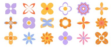 Soyut vektör retro geometrik papatya şekilleri kümesi. Modern figürler, çiçekler, bitkiler, kar taneleri koleksiyonu. Memphis tasarım ögesi pankart, baskı, çıkartma, dekorasyon tasarımı için uygun.