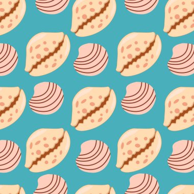 Mavi arka planda deniz kabukları var. Paket kağıdı, duvar kağıdı, çıkartma, defter kapağı için kabuk ve istiridye modası..