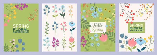 Bir dizi modaya uygun botanik çiçekli geçmiş ve posterler. Elle çizilmiş bahar çiçekleri, yapraklar ve dallarla minimalist modern tasarım. Tebrik kartı, afiş, poster, davet için vektör şablonu.