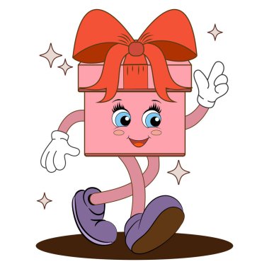 Cartoon character of gift in groovy style with ribbon and red bow. Vector illustration of a Valentine's Day and birthday gift in the form of a 70s character. clipart